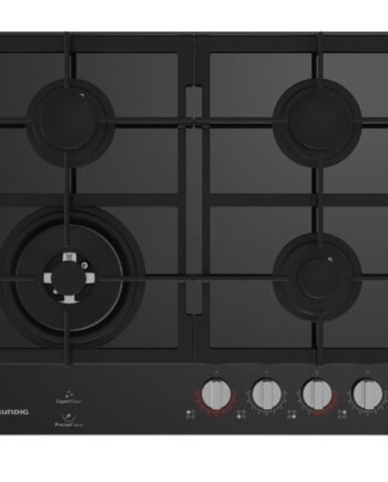 Grundig 60cm Gas on Glass Hob – Black, 3 Burners + Wok, Cast-Iron Support