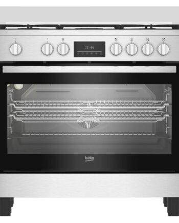 Beko 90cm Dual‑Fuel Cooker, 5 Gas Burners, 111L Multifunction Oven, Inox