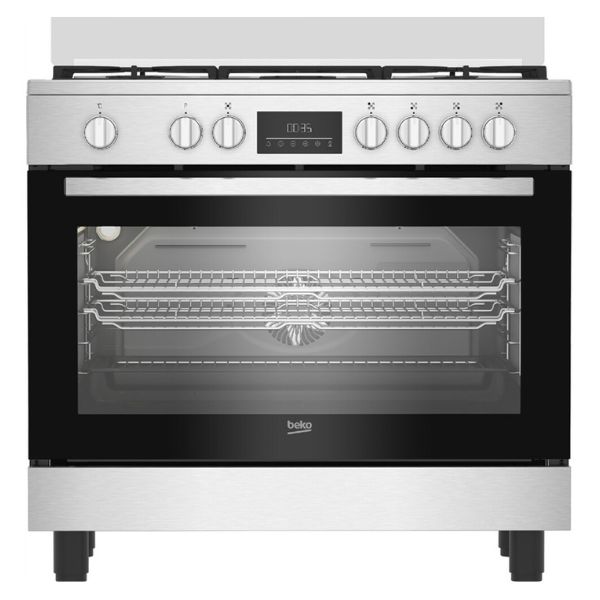 Beko 90cm Dual‑Fuel Cooker, 5 Gas Burners, 111L Multifunction Oven, Inox